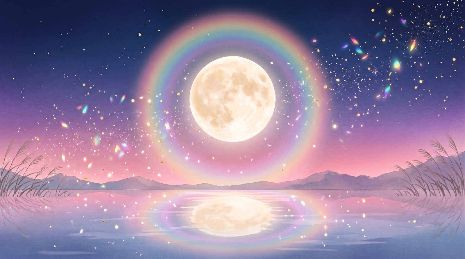七色の光の輪に包まれた満月が、湖に映る夜空