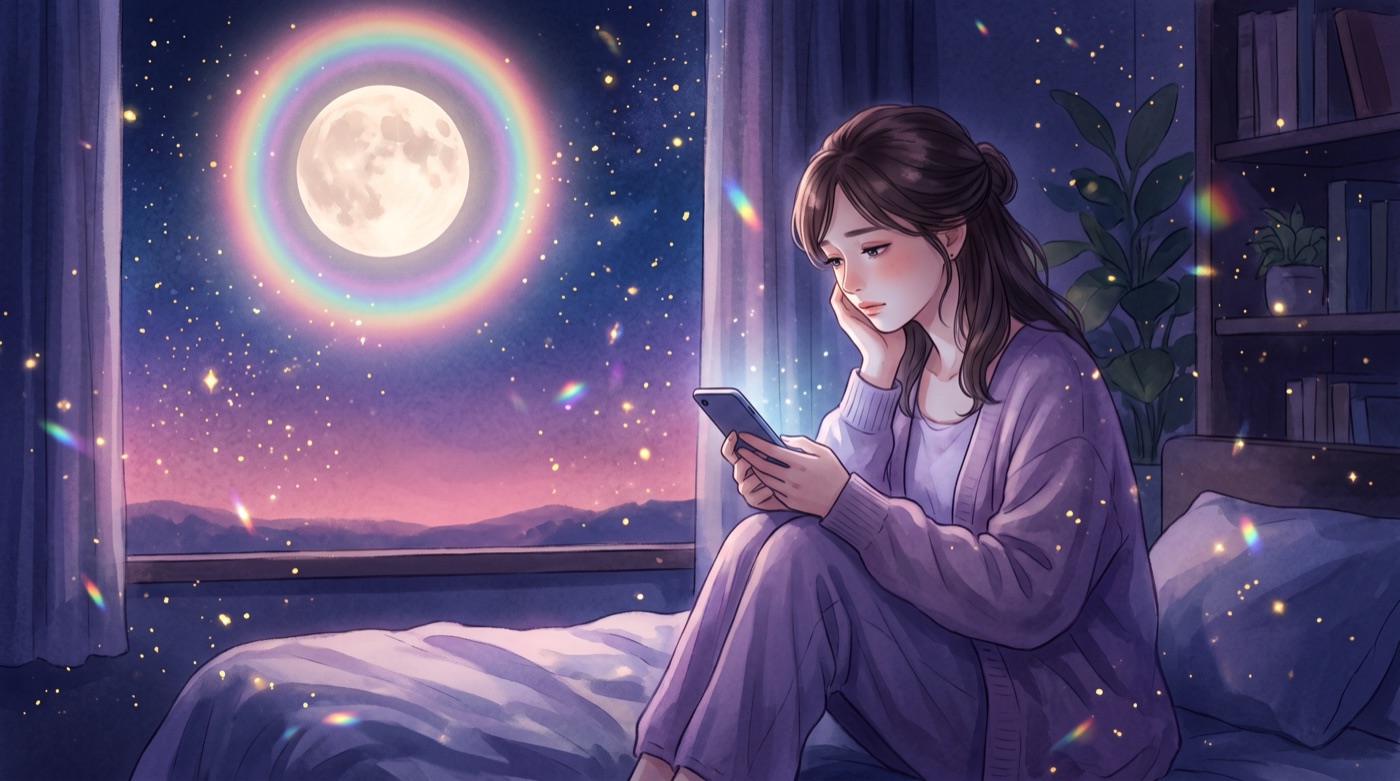 夜の部屋で、窓から月明かりが差しこむなか、スマートフォンの画面を見つめる女性